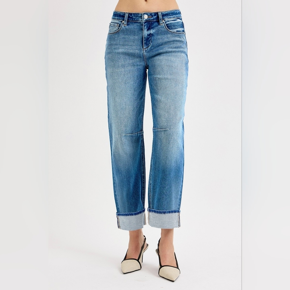 Risen High Rise Medium Wash Slouchy Cuffed Barrel Jeans Relaxed Various NEW - Picture 2 of 5
